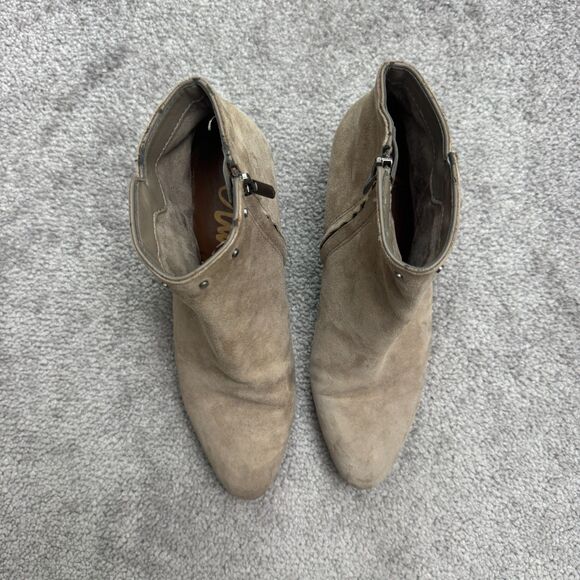 Sam Edelman Fringe Studded Suede Leather Ankle Boots Womens 6M Taupe Low Heel - Picture 4 of 14
